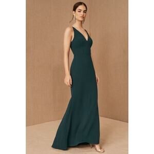 BHLDN Anthropologie Jones V Neck Crepe Bridesmaid Maxi Dress Emerald Size 8